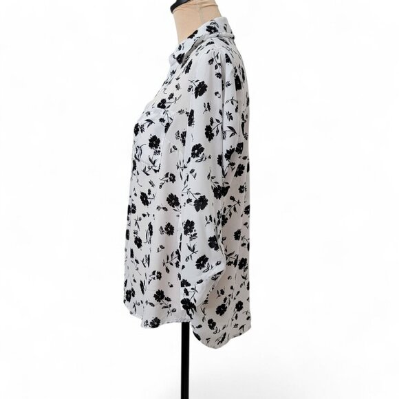 BCX Size L White with Black Floral Print Button Front Blouse, Exc. Used Cond. - Picture 5 of 15
